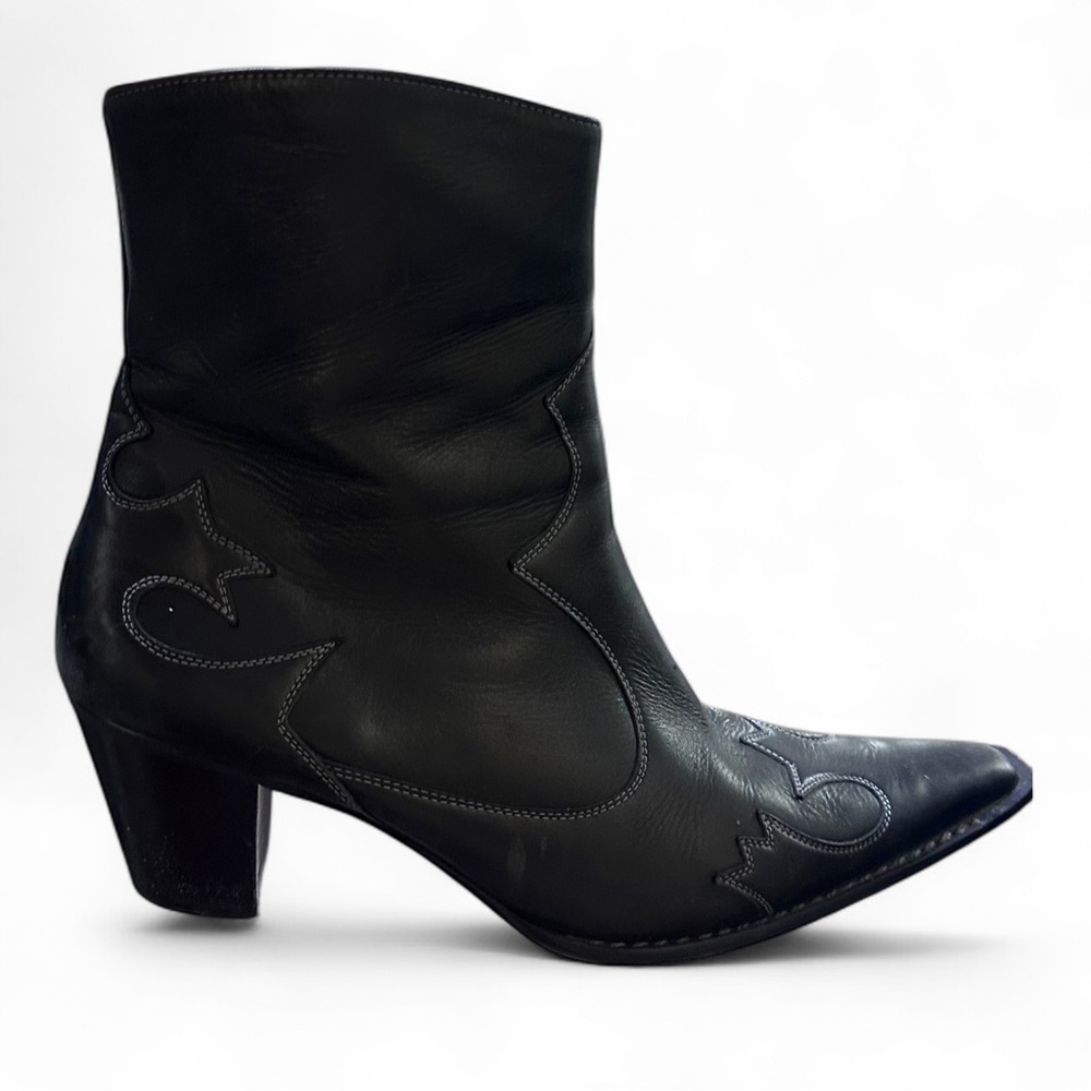 VINTAGE PAUL GREEN Western Cowboy Cowgirl Black Leather Pointed Toe Ankle Boots - Picture 3 of 16